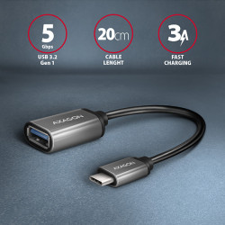 AXAGON RUCM-AFAC, káblová redukcia USB-C (M) -- USB-A (F), 20cm, USB 3.2 Gen 1, 3A, ALU