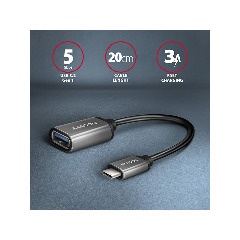 AXAGON RUCM-AFAC, káblová redukcia USB-C (M) -- USB-A (F), 20cm, USB 3.2 Gen 1, 3A, ALU