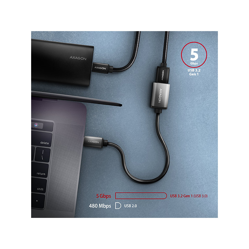AXAGON RUCM-AFAC, káblová redukcia USB-C (M) -- USB-A (F), 20cm, USB 3.2 Gen 1, 3A, ALU