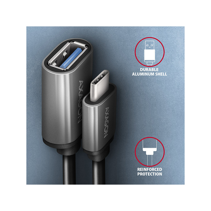 AXAGON RUCM-AFAC, káblová redukcia USB-C (M) -- USB-A (F), 20cm, USB 3.2 Gen 1, 3A, ALU