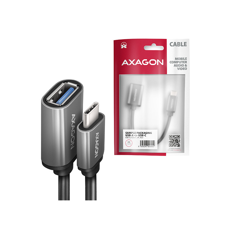 AXAGON RUCM-AFAC, káblová redukcia USB-C (M) -- USB-A (F), 20cm, USB 3.2 Gen 1, 3A, ALU