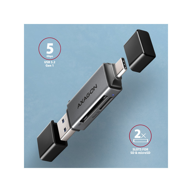 AXAGON CRE-DAC, USB-C + USB-A, 5 Gbps - MINI čítačka kariet, 2-slot & lun SD/microSD, podpora UHS-I