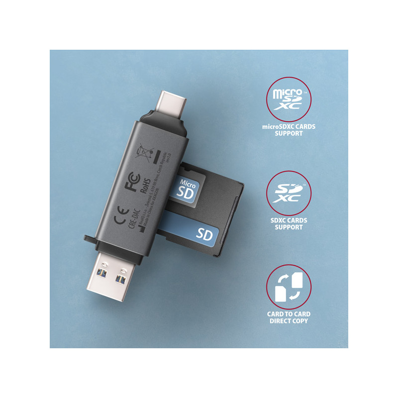 AXAGON CRE-DAC, USB-C + USB-A, 5 Gbps - MINI čítačka kariet, 2-slot & lun SD/microSD, podpora UHS-I