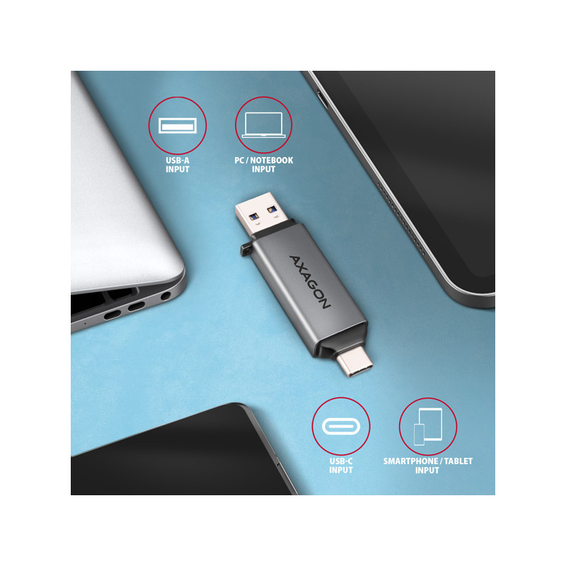 AXAGON CRE-DAC, USB-C + USB-A, 5 Gbps - MINI čítačka kariet, 2-slot & lun SD/microSD, podpora UHS-I