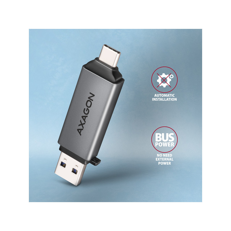 AXAGON CRE-DAC, USB-C + USB-A, 5 Gbps - MINI čítačka kariet, 2-slot & lun SD/microSD, podpora UHS-I