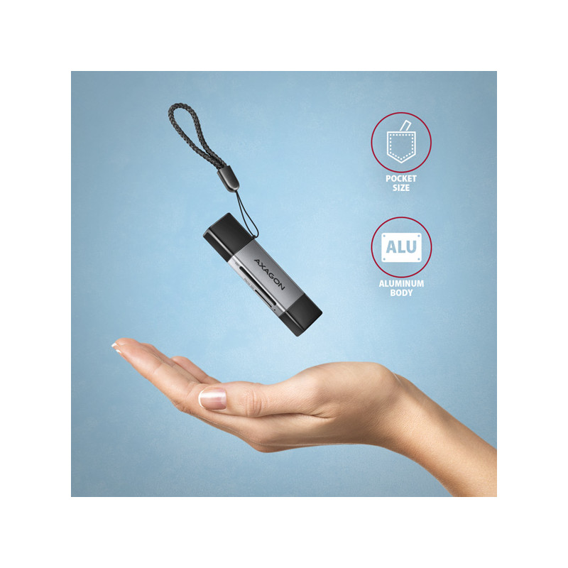 AXAGON CRE-DAC, USB-C + USB-A, 5 Gbps - MINI čítačka kariet, 2-slot & lun SD/microSD, podpora UHS-I