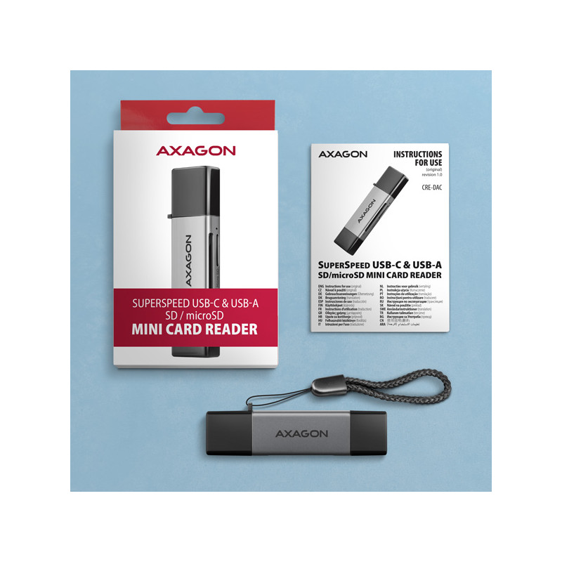 AXAGON CRE-DAC, USB-C + USB-A, 5 Gbps - MINI čítačka kariet, 2-slot & lun SD/microSD, podpora UHS-I