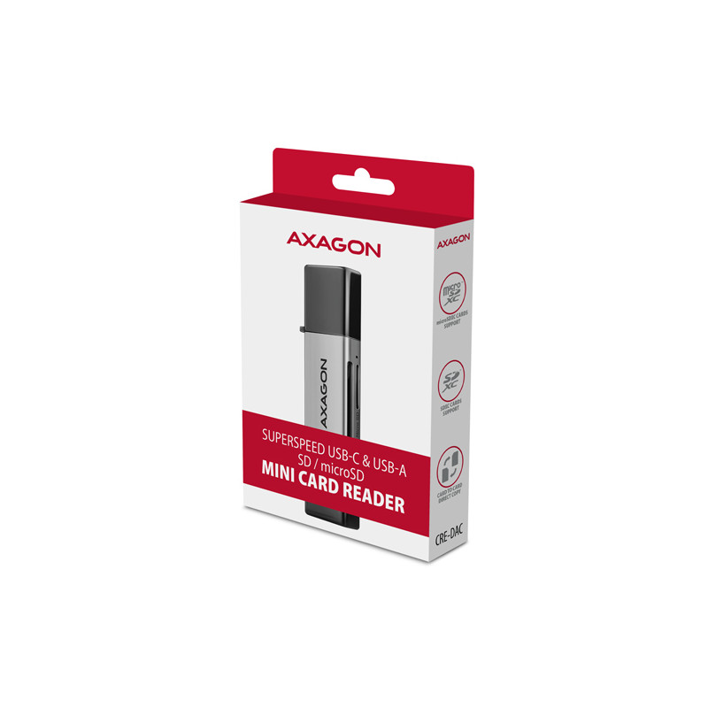 AXAGON CRE-DAC, USB-C + USB-A, 5 Gbps - MINI čítačka kariet, 2-slot & lun SD/microSD, podpora UHS-I