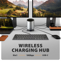 AXAGON HMC-WL9, USB 10Gbps húb s Qi, 3x USB-A, USB-C, HDMI a DP 4k/60Hz, RJ-45, PD 100W, kábel 60cm