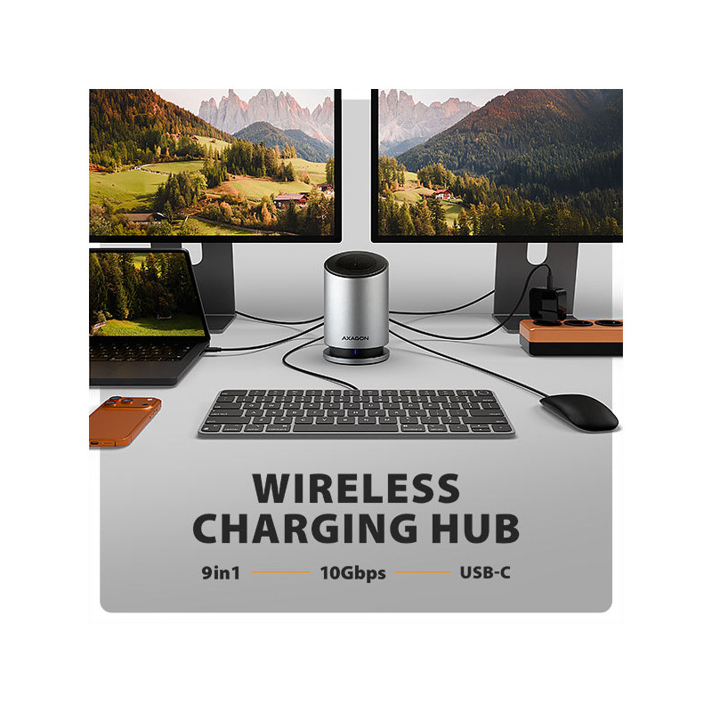 AXAGON HMC-WL9, USB 10Gbps húb s Qi, 3x USB-A, USB-C, HDMI a DP 4k/60Hz, RJ-45, PD 100W, kábel 60cm