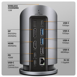 AXAGON HMC-WL9, USB 10Gbps húb s Qi, 3x USB-A, USB-C, HDMI a DP 4k/60Hz, RJ-45, PD 100W, kábel 60cm