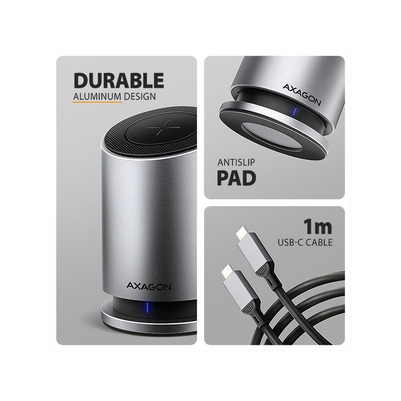 AXAGON HMC-WL9, USB 10Gbps húb s Qi, 3x USB-A, USB-C, HDMI a DP 4k/60Hz, RJ-45, PD 100W, kábel 60cm
