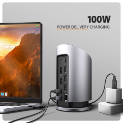 AXAGON HMC-WL9, USB 10Gbps húb s Qi, 3x USB-A, USB-C, HDMI a DP 4k/60Hz, RJ-45, PD 100W, kábel 60cm