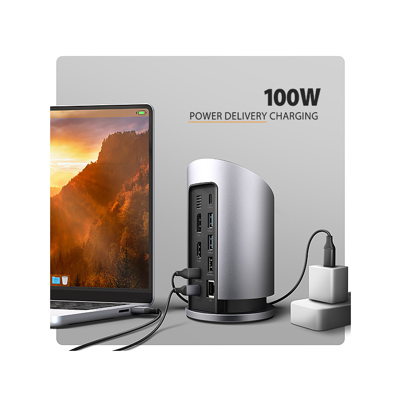 AXAGON HMC-WL9, USB 10Gbps húb s Qi, 3x USB-A, USB-C, HDMI a DP 4k/60Hz, RJ-45, PD 100W, kábel 60cm