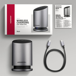 AXAGON HMC-WL9, USB 10Gbps húb s Qi, 3x USB-A, USB-C, HDMI a DP 4k/60Hz, RJ-45, PD 100W, kábel 60cm