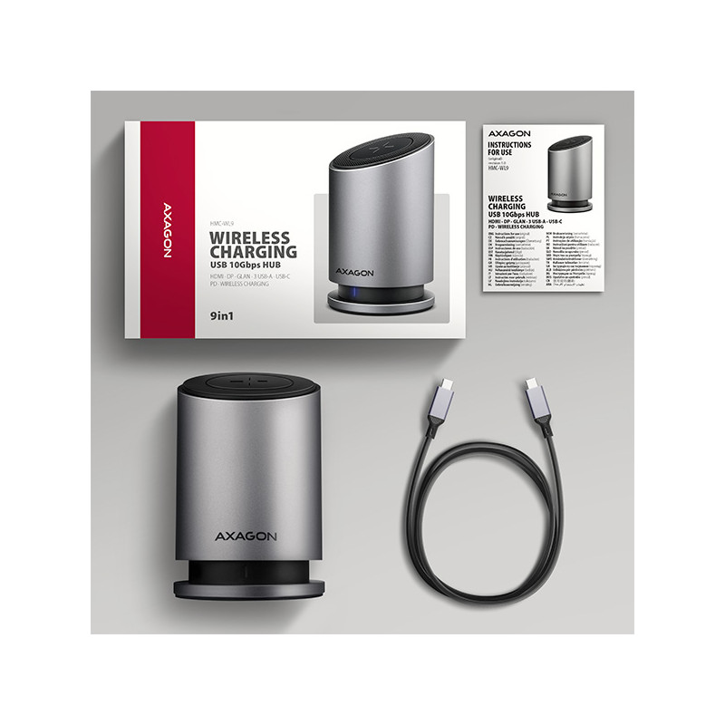 AXAGON HMC-WL9, USB 10Gbps húb s Qi, 3x USB-A, USB-C, HDMI a DP 4k/60Hz, RJ-45, PD 100W, kábel 60cm