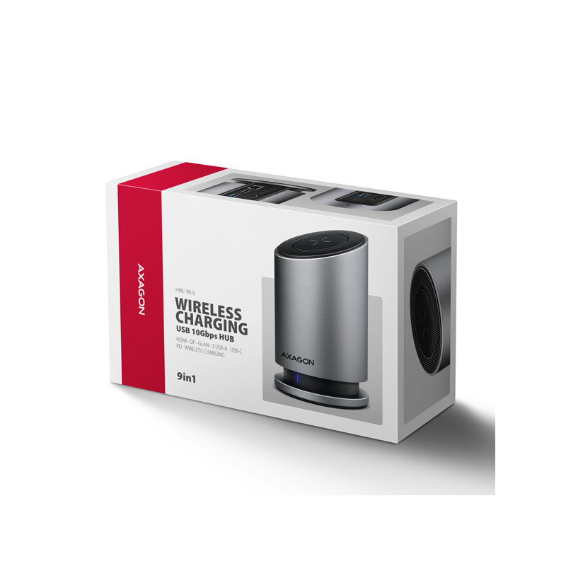 AXAGON HMC-WL9, USB 10Gbps húb s Qi, 3x USB-A, USB-C, HDMI a DP 4k/60Hz, RJ-45, PD 100W, kábel 60cm