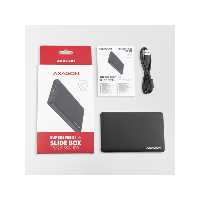 AXAGON EE25-SL, USB 3.2 Gen 1 - SATA 6G, 2.5'' SLIDE box, bezšroubový, černý