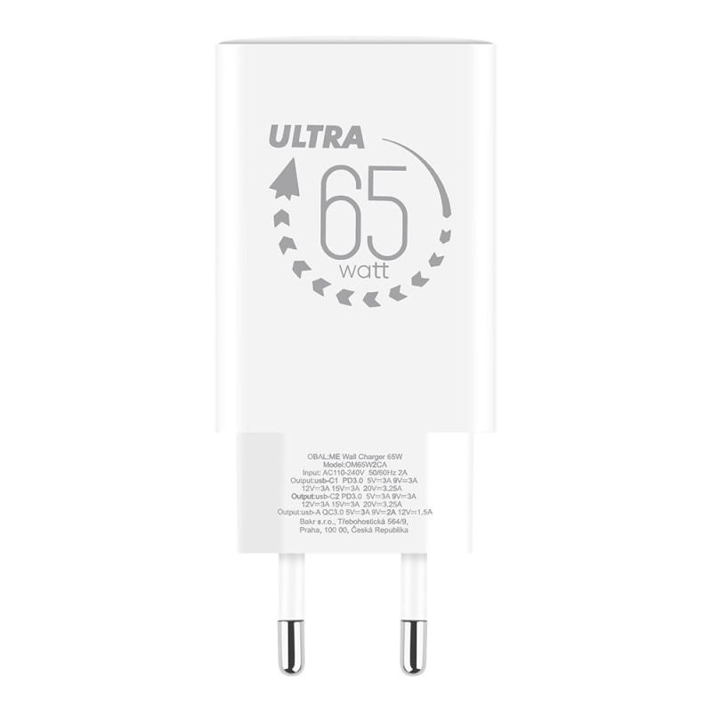 OBAL:ME GaN Cestovná Nabíjačka USB-A + 2xUSB-C 65W White