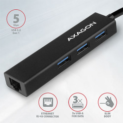 AXAGON HMA-GL3A, USB 3.2 Gen 1 húb, porty 3x USB-A + Gigabit Ethernet, kovový, kábel USB-A 20cm