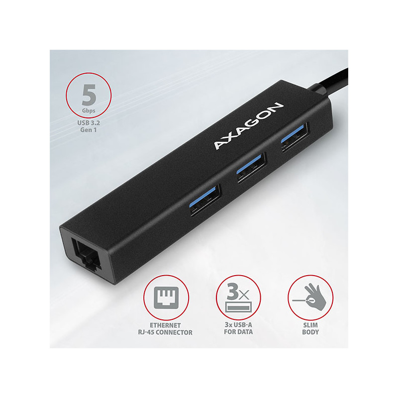 AXAGON HMA-GL3A, USB 3.2 Gen 1 húb, porty 3x USB-A + Gigabit Ethernet, kovový, kábel USB-A 20cm
