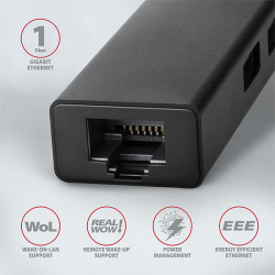 AXAGON HMA-GL3A, USB 3.2 Gen 1 húb, porty 3x USB-A + Gigabit Ethernet, kovový, kábel USB-A 20cm