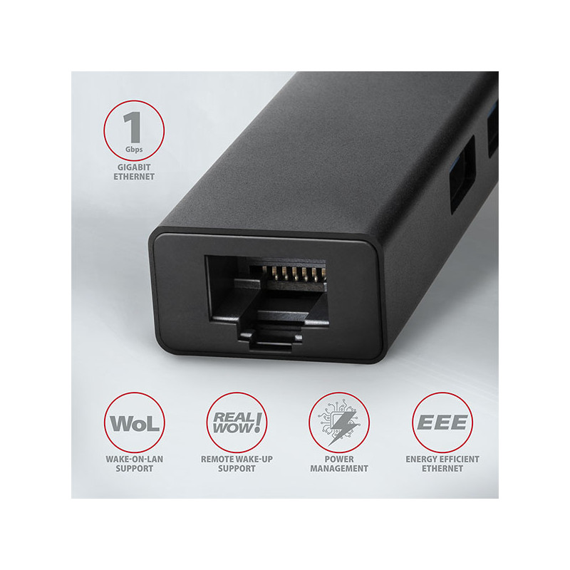 AXAGON HMA-GL3A, USB 3.2 Gen 1 húb, porty 3x USB-A + Gigabit Ethernet, kovový, kábel USB-A 20cm