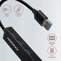 AXAGON HMA-GL3A, USB 3.2 Gen 1 húb, porty 3x USB-A + Gigabit Ethernet, kovový, kábel USB-A 20cm