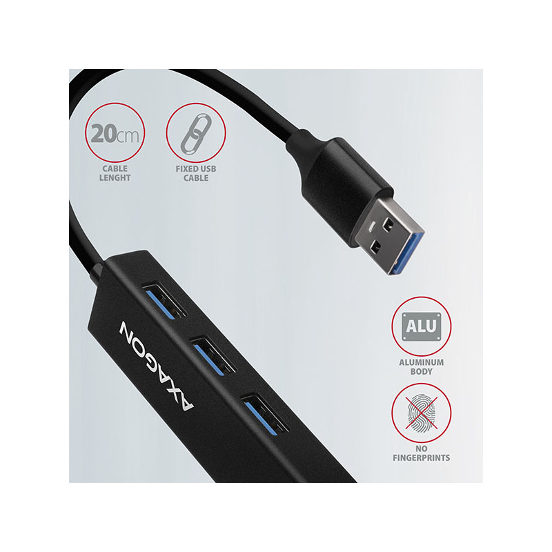 AXAGON HMA-GL3A, USB 3.2 Gen 1 húb, porty 3x USB-A + Gigabit Ethernet, kovový, kábel USB-A 20cm