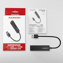AXAGON HMA-GL3A, USB 3.2 Gen 1 húb, porty 3x USB-A + Gigabit Ethernet, kovový, kábel USB-A 20cm