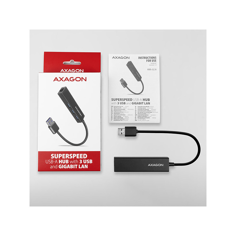 AXAGON HMA-GL3A, USB 3.2 Gen 1 húb, porty 3x USB-A + Gigabit Ethernet, kovový, kábel USB-A 20cm