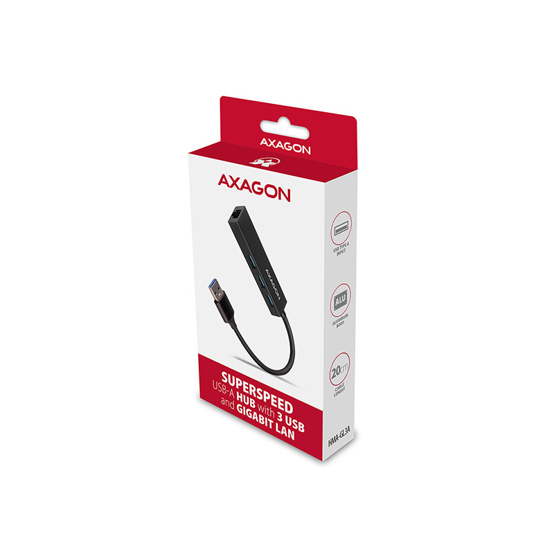 AXAGON HMA-GL3A, USB 3.2 Gen 1 húb, porty 3x USB-A + Gigabit Ethernet, kovový, kábel USB-A 20cm