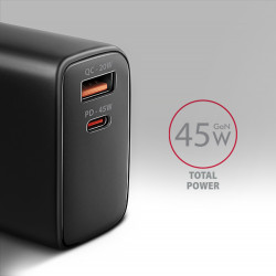 AXAGON ACU-PQ45 GaN nabíjačka do siete 45W, 2x port (USB-A + USB-C), PD3.0/PPS/QC4+/SFC 2.0/AFC/Apple