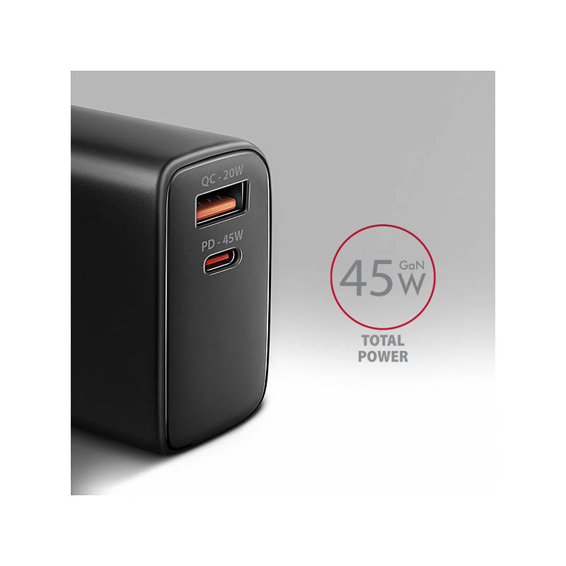 AXAGON ACU-PQ45 GaN nabíjačka do siete 45W, 2x port (USB-A + USB-C), PD3.0/PPS/QC4+/SFC 2.0/AFC/Apple