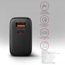 AXAGON ACU-PQ45 GaN nabíjačka do siete 45W, 2x port (USB-A + USB-C), PD3.0/PPS/QC4+/SFC 2.0/AFC/Apple