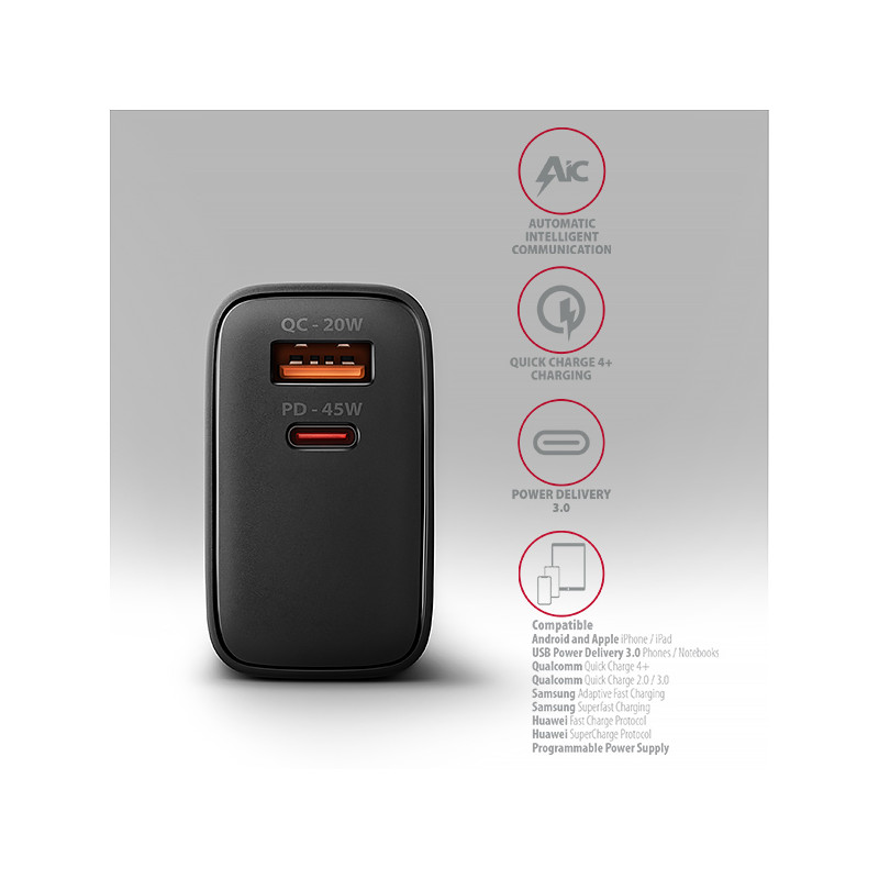 AXAGON ACU-PQ45 GaN nabíjačka do siete 45W, 2x port (USB-A + USB-C), PD3.0/PPS/QC4+/SFC 2.0/AFC/Apple