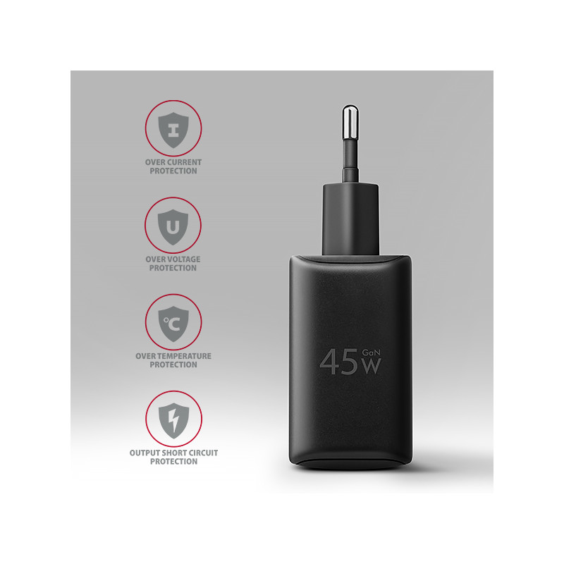 AXAGON ACU-PQ45 GaN nabíjačka do siete 45W, 2x port (USB-A + USB-C), PD3.0/PPS/QC4+/SFC 2.0/AFC/Apple
