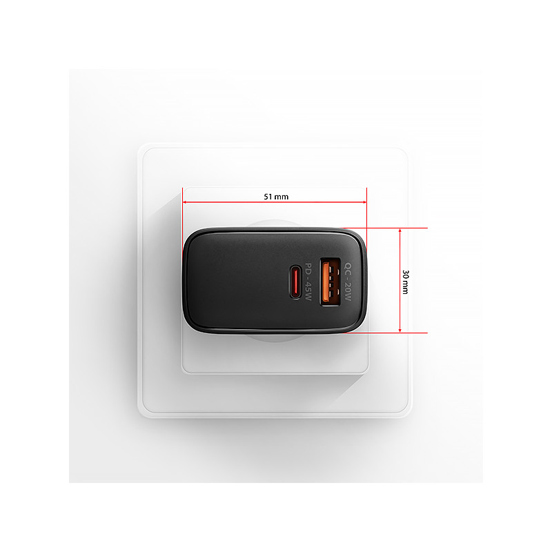 AXAGON ACU-PQ45 GaN nabíjačka do siete 45W, 2x port (USB-A + USB-C), PD3.0/PPS/QC4+/SFC 2.0/AFC/Apple