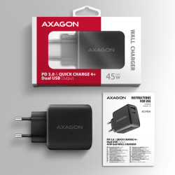 AXAGON ACU-PQ45 GaN nabíjačka do siete 45W, 2x port (USB-A + USB-C), PD3.0/PPS/QC4+/SFC 2.0/AFC/Apple