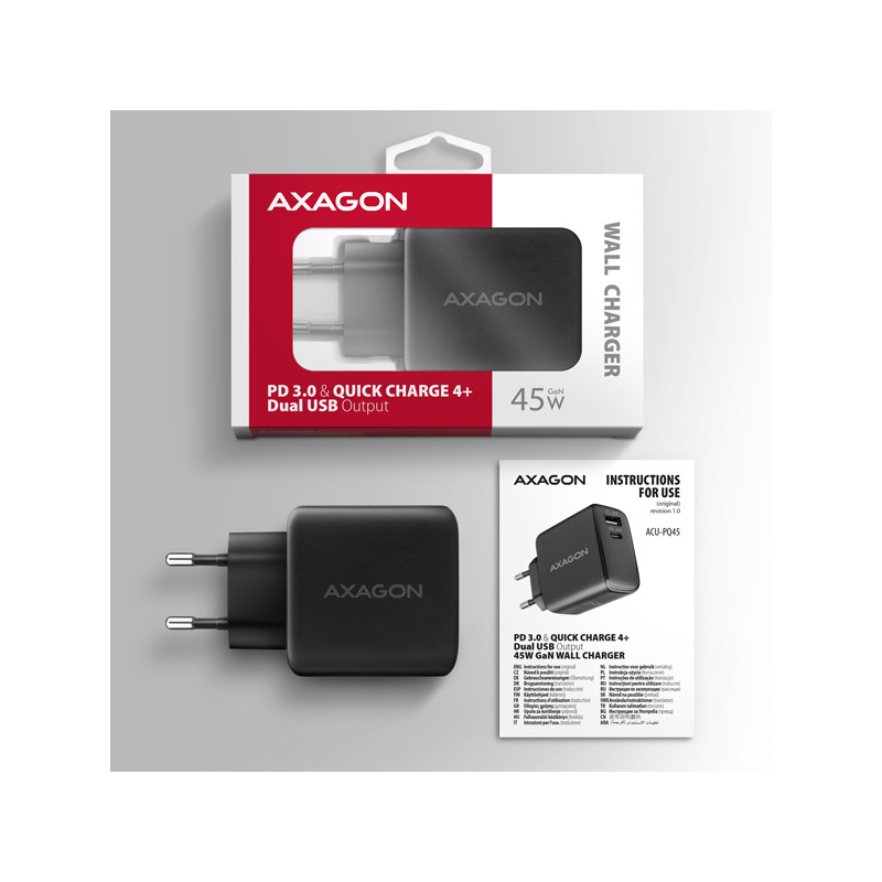 AXAGON ACU-PQ45 GaN nabíjačka do siete 45W, 2x port (USB-A + USB-C), PD3.0/PPS/QC4+/SFC 2.0/AFC/Apple