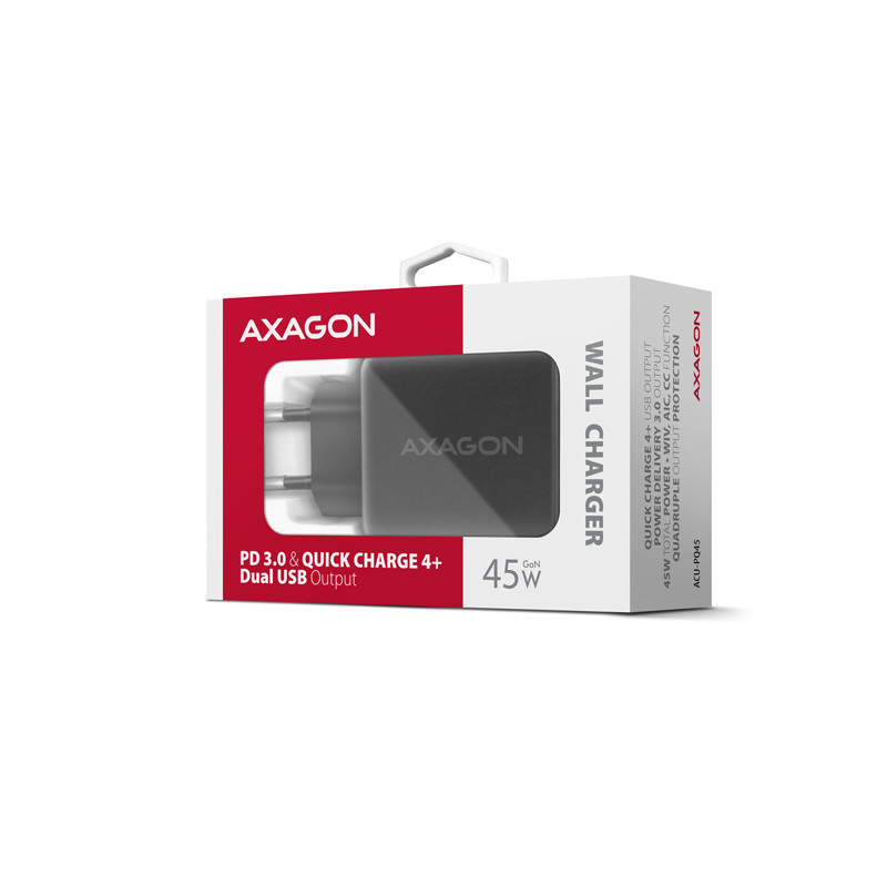 AXAGON ACU-PQ45 GaN nabíjačka do siete 45W, 2x port (USB-A + USB-C), PD3.0/PPS/QC4+/SFC 2.0/AFC/Apple