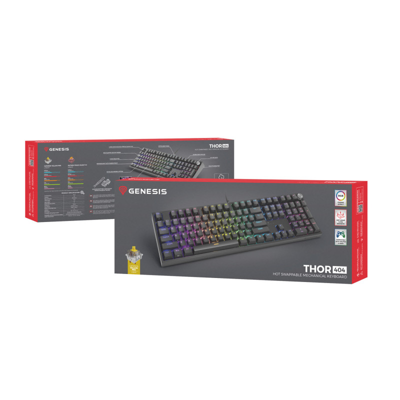 Herná mechanická klávesnica Genesis THOR 404/RGB/Gateron Yellow Pro/Drôtové USB-A/US layout/Čierna