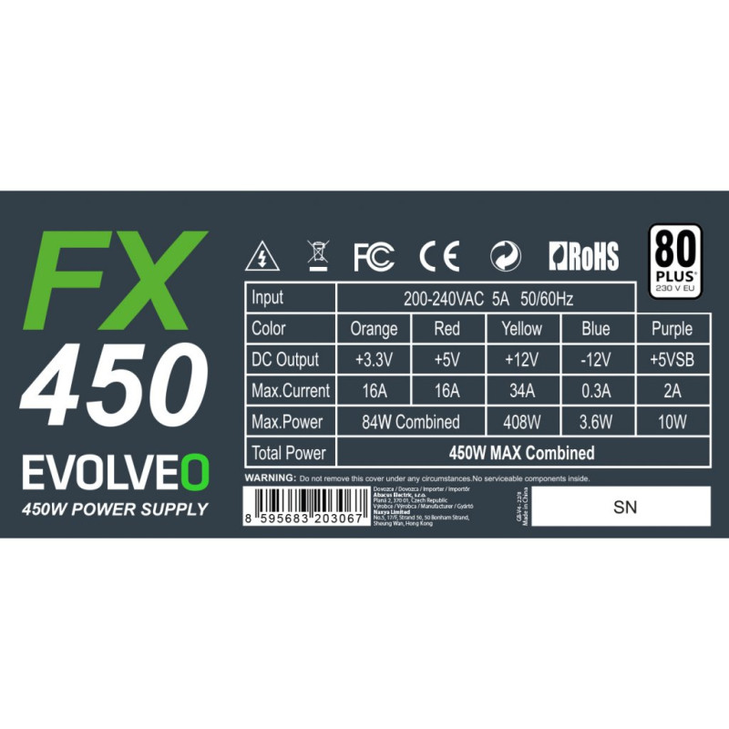 EVOLVEO FX 450, zdroj 450W ATX, 14cm, 80+, White, 3YRW