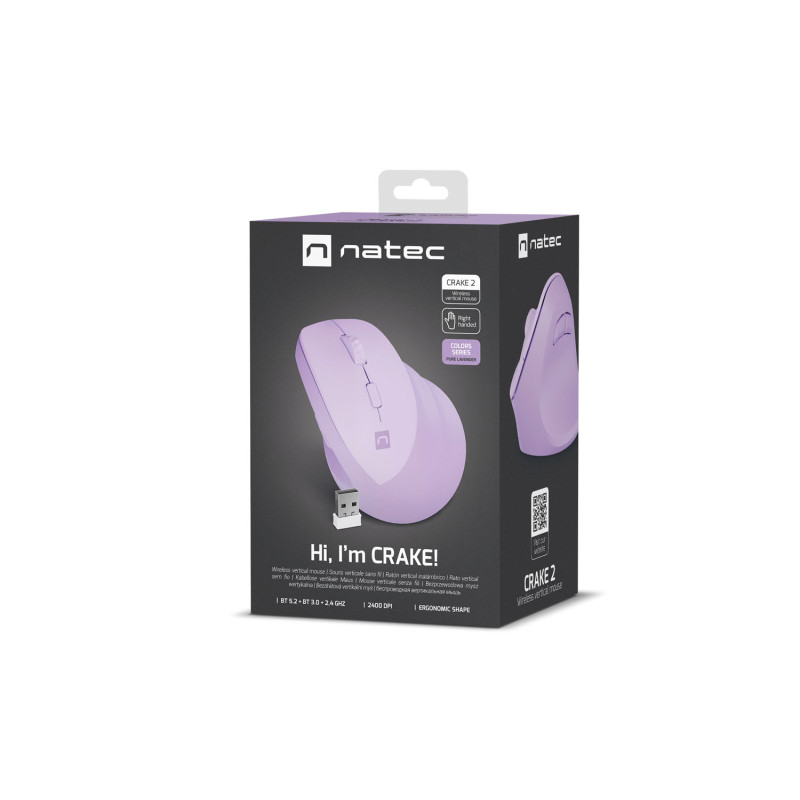 Bezdrôtová vertikálna myš Natec CRAKE 2/Optická/2 400 DPI/USB+BT/Levan/Vertikálna/Optická/Pre pravák