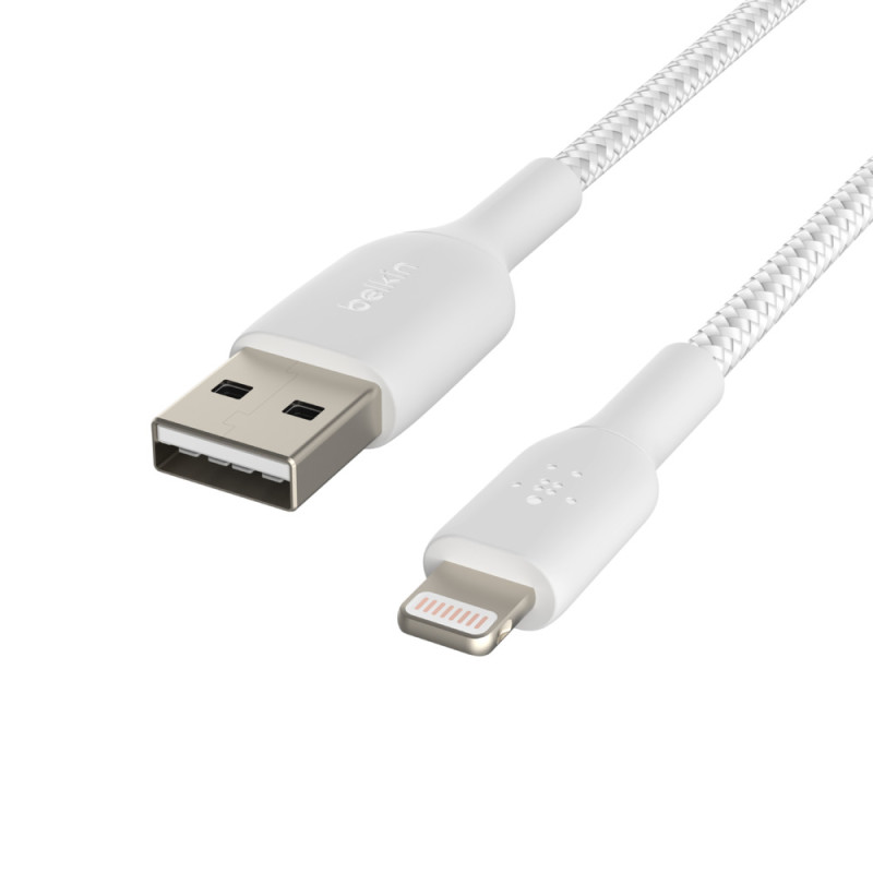 BELKIN kabel opletaný USB-A - Lightning, 2m, biely