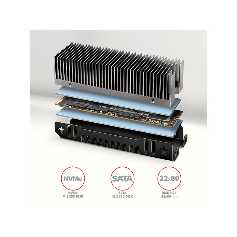 AXAGON CLR-M2XT, hliníkový pasívny chladič pre jedno aj oboustranný M.2 SSD disk, výška 24 mm