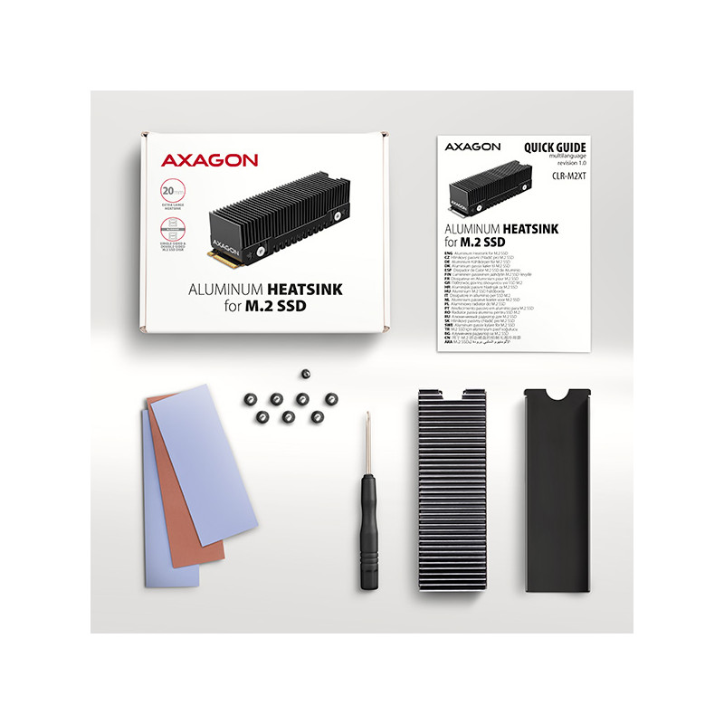 AXAGON CLR-M2XT, hliníkový pasívny chladič pre jedno aj oboustranný M.2 SSD disk, výška 24 mm