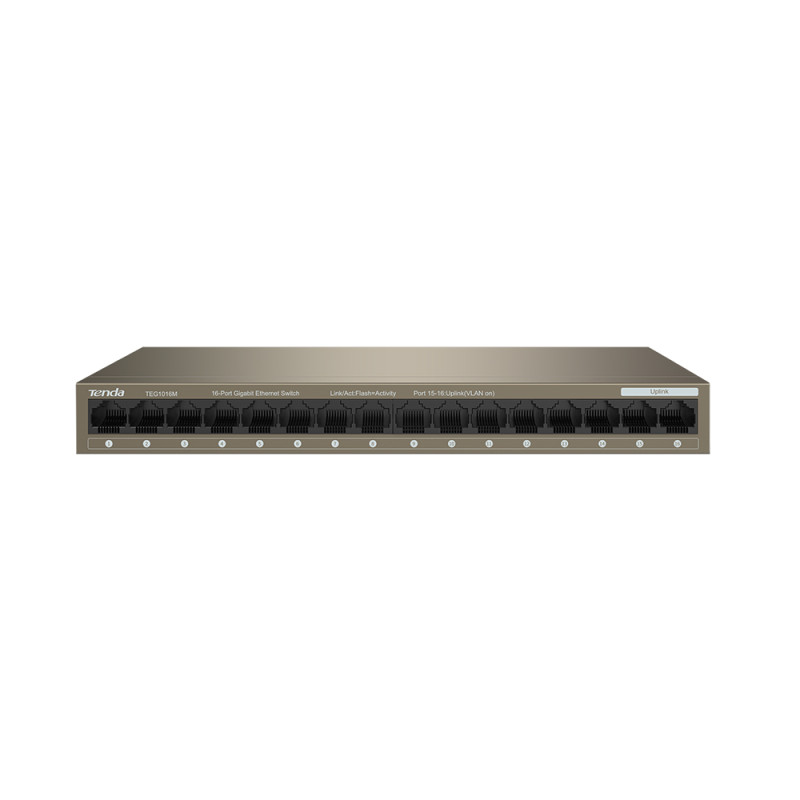 Tenda TEG1016M 16-port Gigabit Switch, 16x 10/100/1000 Mb/s, Fanless, MAC 8K, napájanie AC/DC, aj múr