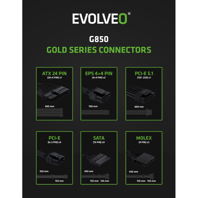EVOLVEO G850, 850W/ ATX 3.1/ 80+ GOLD/ Modular