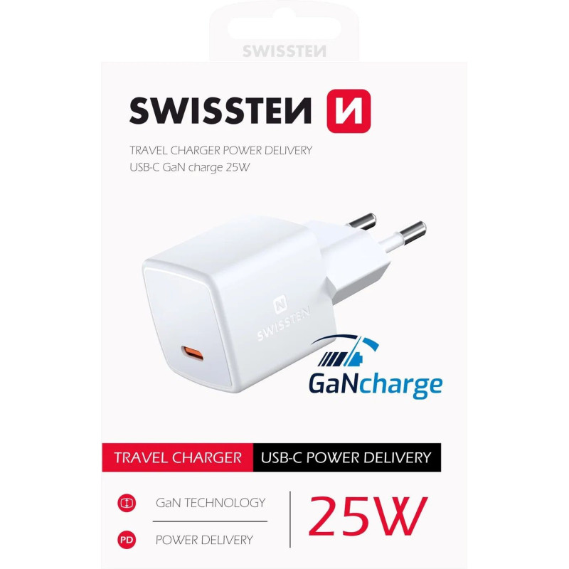 SWISSTEN MINI SIEŤOVÝ ADAPTÉR GaN USB-C 25W POWER D